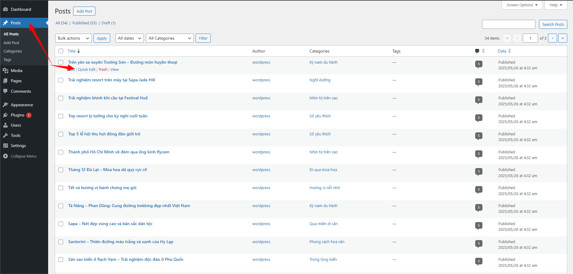 Thao tác mở một chỉnh sửa nhanh bài viết