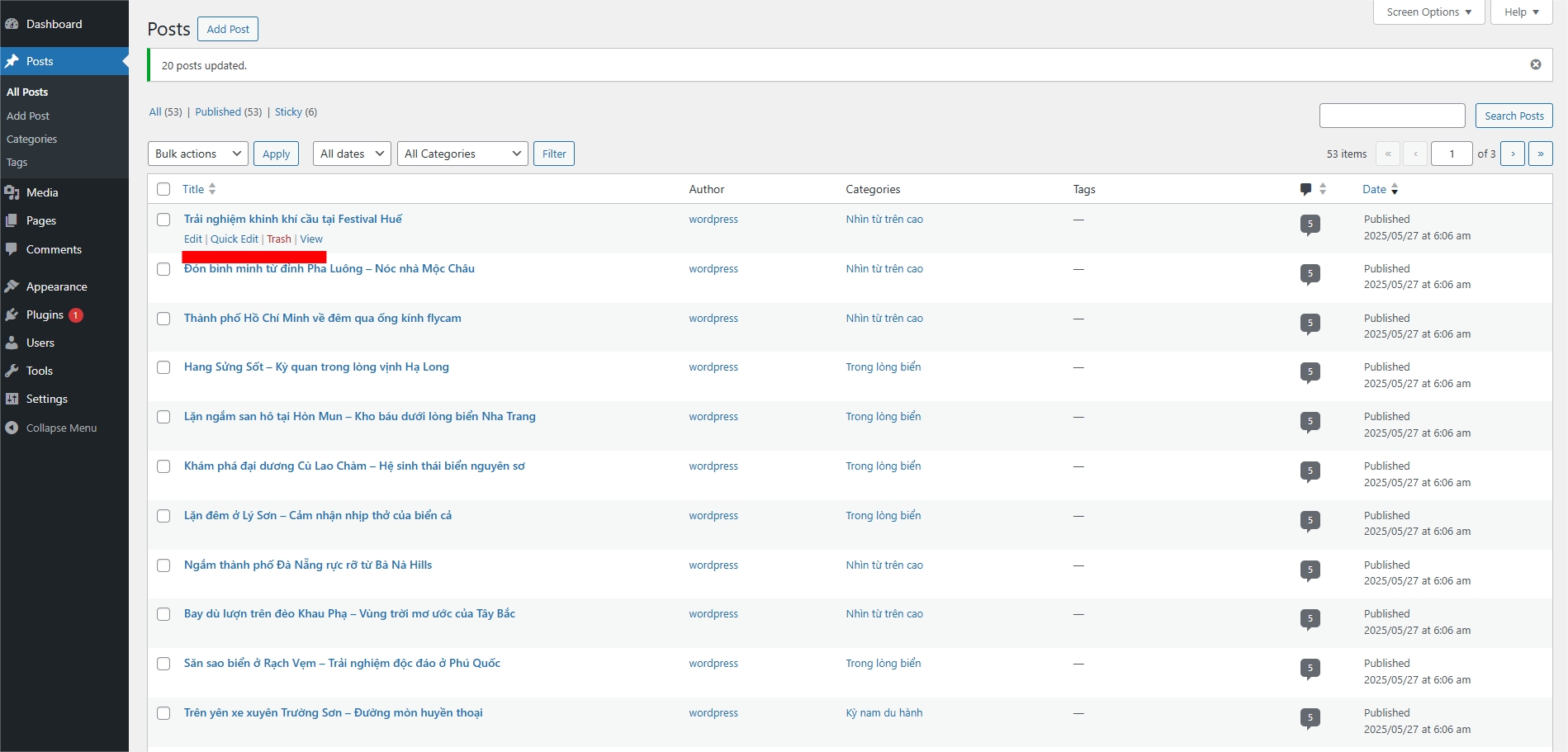 Thao tác hành động với bài viết